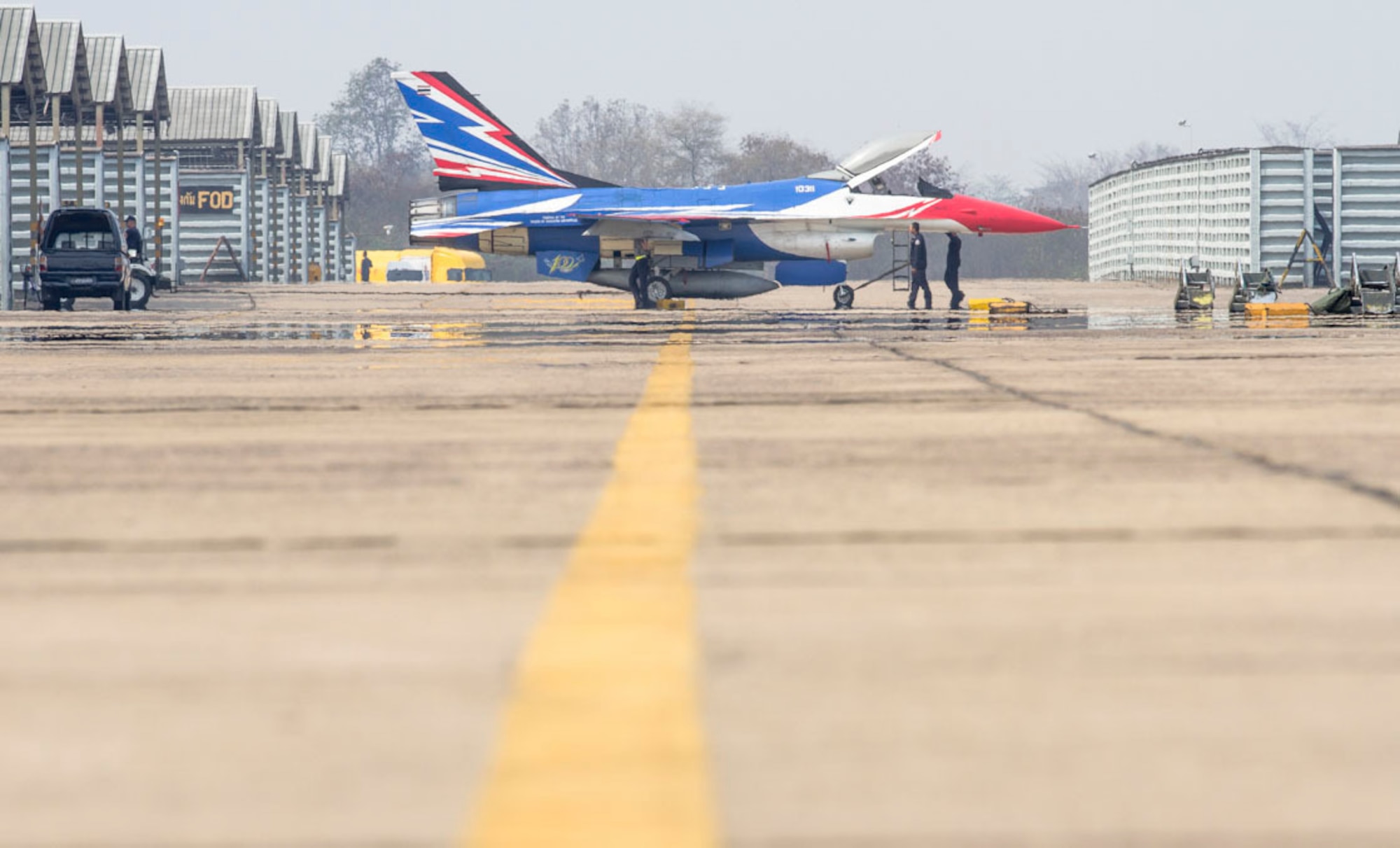 A Royal Thai Air Force F-16 Fighting Falcon taxis before take off for flying operations with the U.S. Air Force during Exercise Cobra Gold 2019 at Korat Royal Thai Air Force Base, Thailand, Feb. 15, 2019. Cobra Gold is the largest Theater Security Cooperation exercise in the Indo-Asia-Pacific region and is an integral part of the U.S. commitment to strengthen engagement in the region. (U.S. Army photo by Spc. Valencia McNeal, U.S. Army-Pacific)