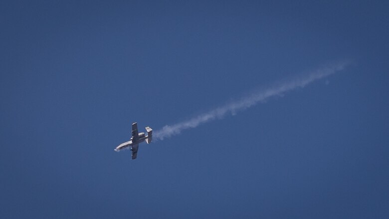 An A-10 Thunderbolt II from the 25th Fighter Squadron, Osan Air Base, performs a strafing run during close air support training over the Pilsung Range in Gangwan Province, Republic of Korea, Feb. 14, 2018.