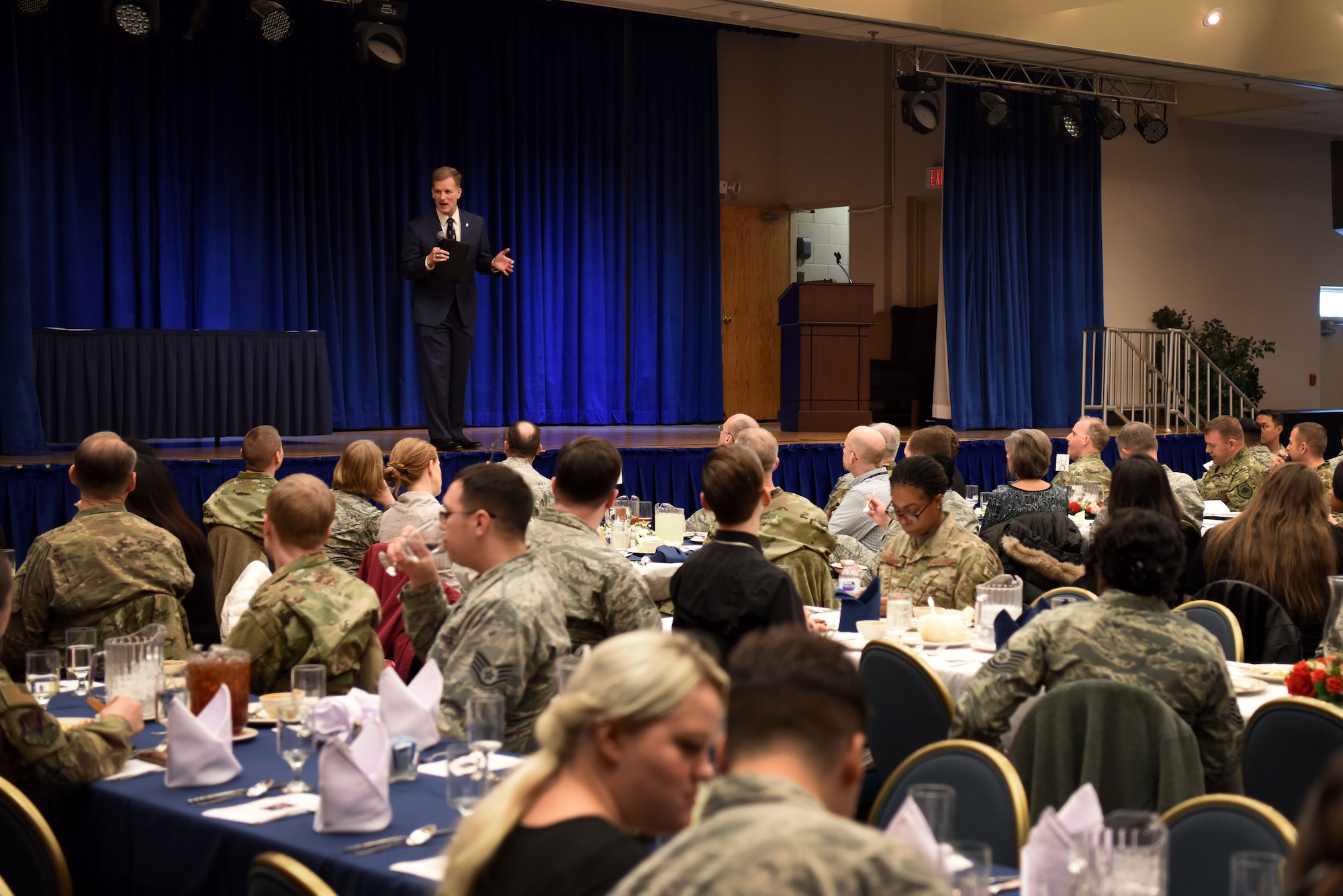 U.S. Air Force retired Maj. Gen. Dondi Costin, prior Air Force Chief of Chaplains, speaks to attendees at a resiliency luncheon held by the 51st Fighter Wing Chaplain Corps at Osan Air Base, Republic of Korea, Feb. 21, 2019. Costin now serves as the third president of Charleston Southern University, Charleston, South Carolina. (U.S. Air Force photo by Senior Airman Kelsey Tucker)