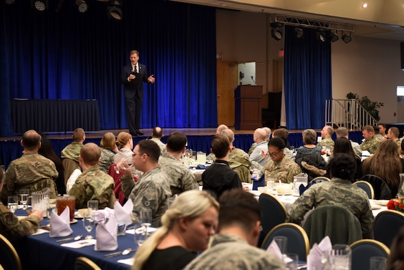 U.S. Air Force retired Maj. Gen. Dondi Costin, prior Air Force Chief of Chaplains, speaks to attendees at a resiliency luncheon held by the 51st Fighter Wing Chaplain Corps at Osan Air Base, Republic of Korea, Feb. 21, 2019. Costin now serves as the third president of Charleston Southern University, Charleston, South Carolina. (U.S. Air Force photo by Senior Airman Kelsey Tucker)