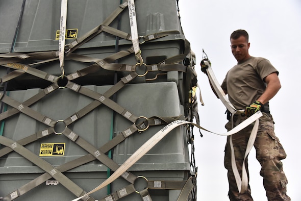 Staff Sgt. Eugene Eudy, 380th Expeditionary Maintenance Squadron munitions craftsman, secures guidance sections for joint direct attack munitions at Al Dhafra Air Base, United Arab Emirates, Feb. 15, 2019. Munitions systems specialists perform and manage munitions production and material tasks and activities; identify munitions and equipment requirements; operate and maintain automated data processing equipment (ADPE) to perform munitions accounting, computations, and research; stores, maintains, assembles, issues, and delivers assembled nonnuclear munitions. (U.S. Air Force photo by Senior Airman Mya M. Crosby)
