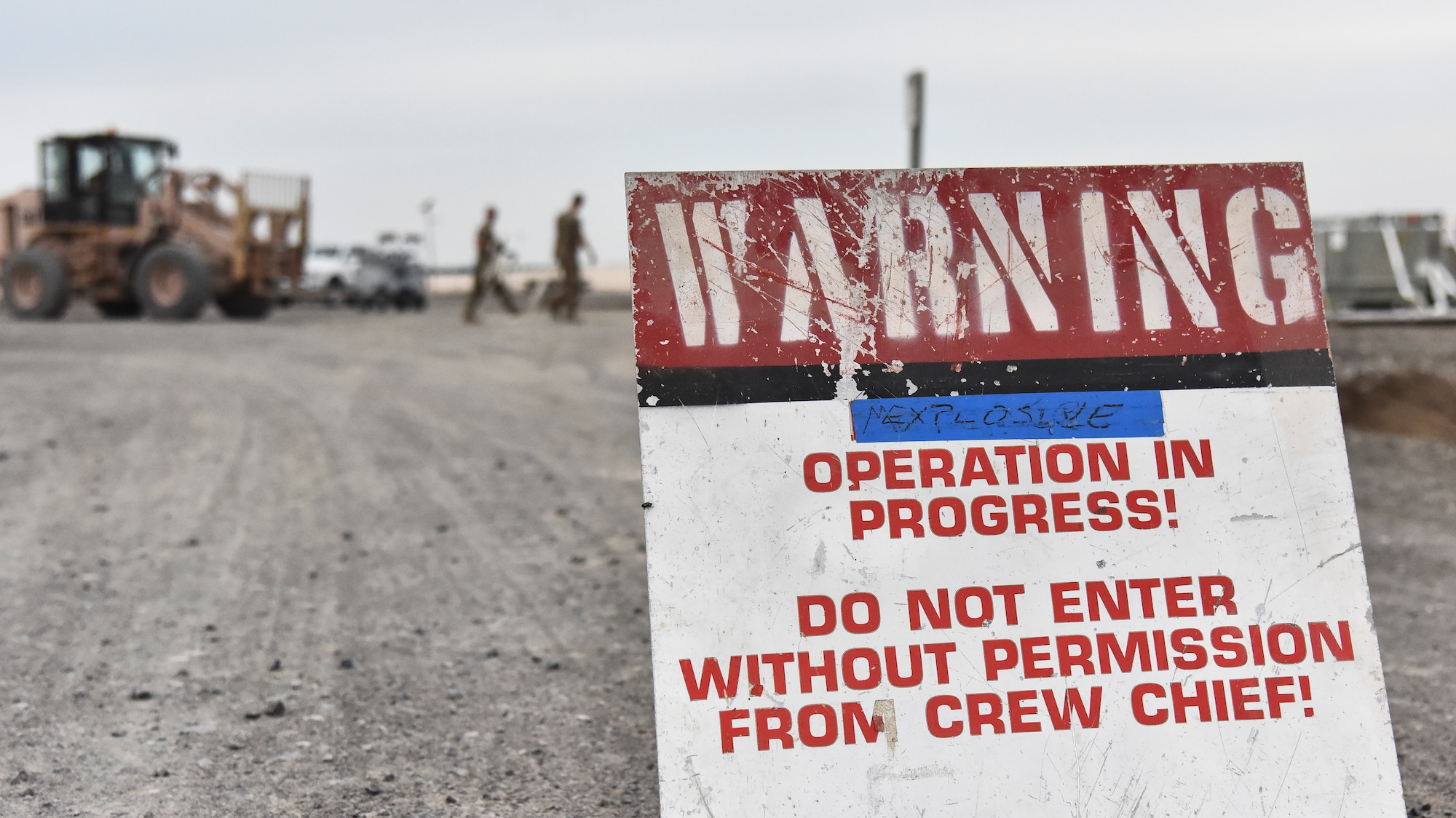 Airmen assigned to the 380th Expeditionary Maintenance Squadron munitions flight prepare to load guiding sections with a 10k forklift at Al Dhafra Air Base, United Arab Emirates, Feb. 15, 2019. The munitions flight is responsible for preparing munitions for loading on aircraft, inspecting munitions for serviceability and conducting inventories and correct discrepancies. (U.S. Air Force photo by Senior Airman Mya M. Crosby)