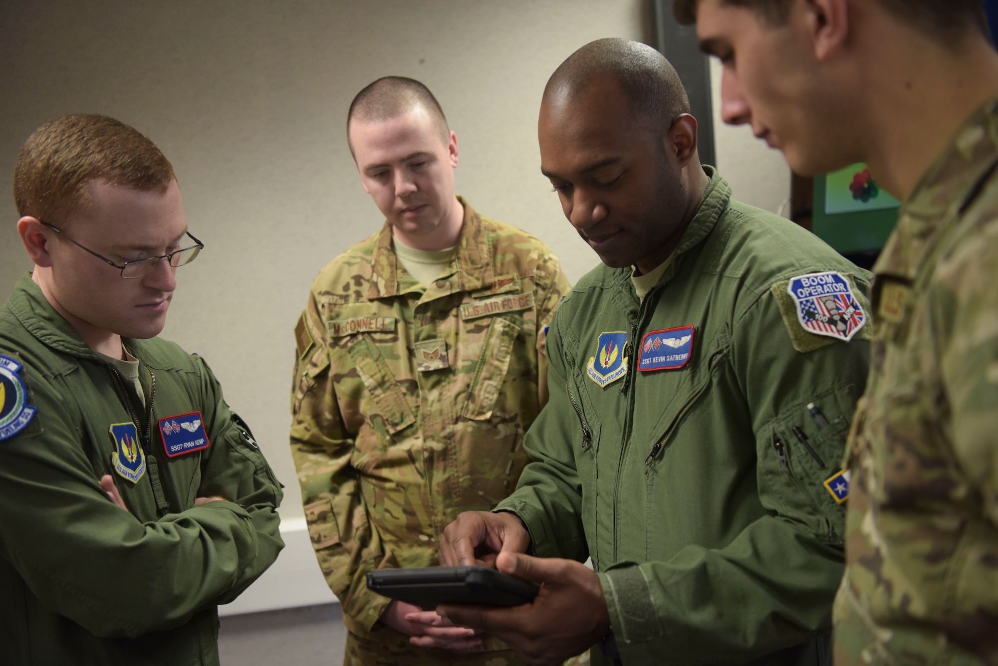 Staff Sgt. Kevin Satberry, 351st Air Refueling Squadron boom operator, briefs boom operators from the 351 ARS at RAF Mildenhall, England, Feb. 2, 2019. Satberry tries to lead in the best approach he knows, with the best techniques he was taught in regards to mentorship. (U.S. Air Force photo by Airman 1st Class Alexandria Lee)