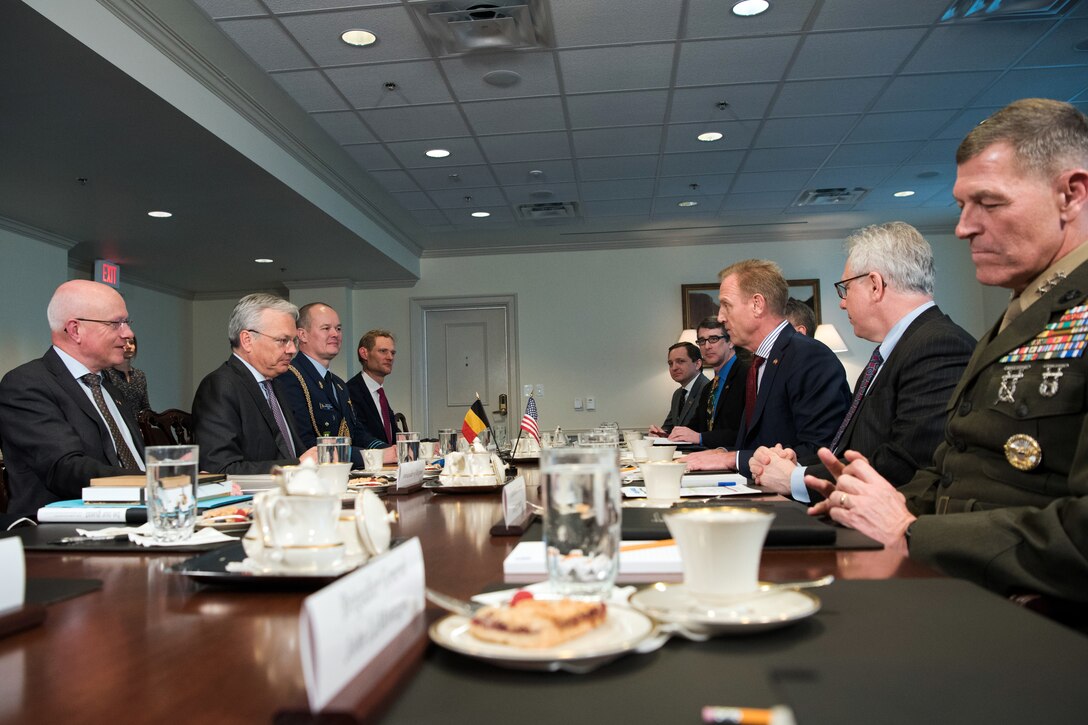 Defense leaders sit at a table and talk.