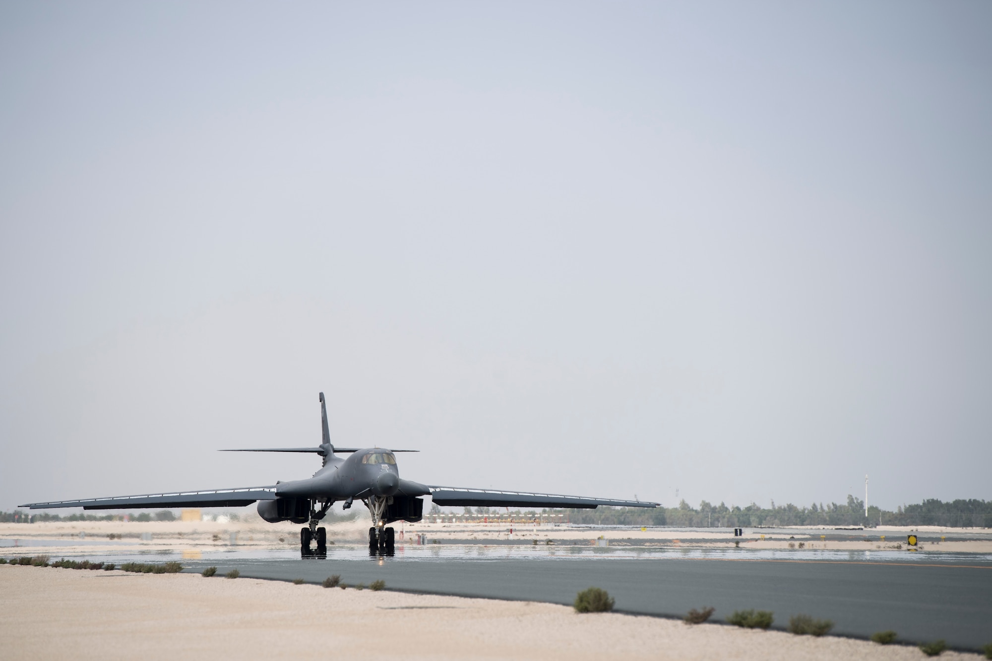 A U.S. Air Force B-1B Lancer, 9th Expeditionary Bomb Squadron, Air Force Central Command, takes off from Al Udeid Air Base, Qatar, during Joint Air Defense Exercise 19-01, Feb. 19, 2019. The aircraft participated with regional partners to test objective-based command and control actions during the exercise. (U.S. Air Force photo by Senior Airman Gracie I. Lee)