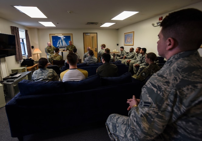 Chief Master Sgt. Daniel C. Simpson, 18th Air Force command chief master sergeant, hosts a discussion with dorm residents Feb. 14, 2019, at Joint Base Charleston, S.C.