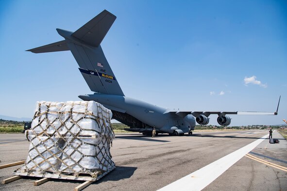 Airmen from Joint Base McGuire-Dix-Lakehurst, N.J., and JB Charleston, S.C., support a humanitarian mission to Cucuta, Colombia, Feb. 16. The role of the U.S. military during this peaceful mission is to transport urgently needed aid to Colombia for eventual distribution by relief organizations. (U.S. Air Force photo by Tech. Sgt. Gregory Brook)