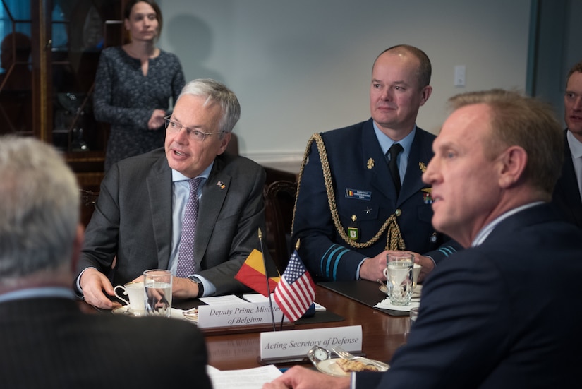 Acting Defense Secretary Patrick M. Shanahan, right, meets with Belgian Defense Minister Didier Reynders at the Pentagon.