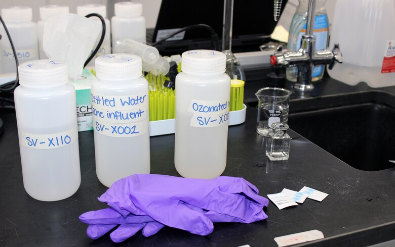 Water testing inside the Advanced Treatment Pilot Study trailer at the McMillan Water Treatment Plant, Washington Aqueduct, District of Columbia, Dec. 19, 2018. (U.S. Army photo by Sarah Lazo)