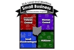 Graphic with a top banner that says DLA Land and Maritime Small Business Socioeconomic Programs. Below four squares that list the program titles with background images related. The titles are service-disabled veteran owned, women owned, small disadvantaged, HUBZone, In the center of the four squares is a grey filled outline of the state of Ohio.