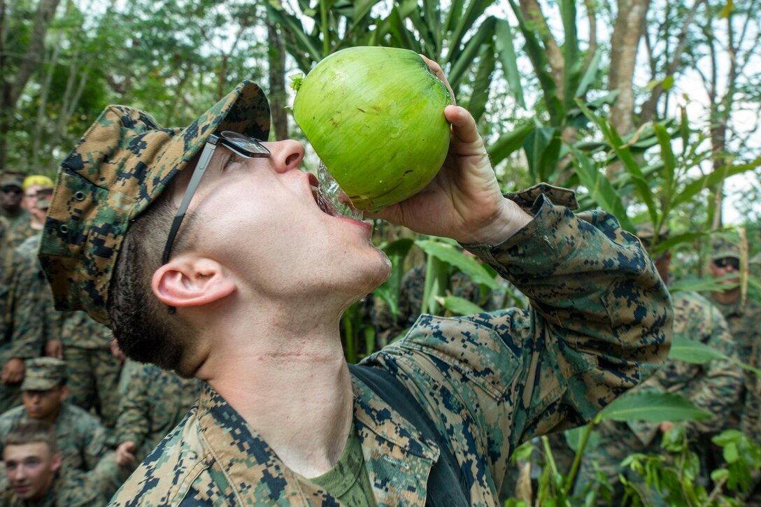 A Marine, shown in profile, drinks from a coconut he holds above his mouth.