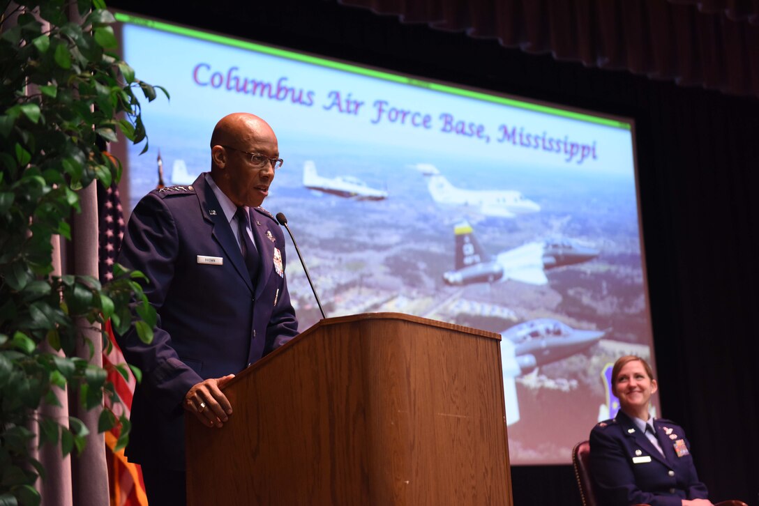 Gen. Charles Q. Brown Jr., the Commander, Pacific Air Forces; Air Component Commander for U.S. Indo-Pacific Command; and Executive Director, Pacific Air Combat Operations Staff, Joint Base Pearl Harbor-Hickam, Hawaii, speaks at Specialized Undergraduate Pilot Training Class 19-06’s graduation ceremony Feb. 15, 2019, on Columbus Air Force Base, Mississippi. Brown oversees Air Force activities spread over half the globe in a command that supports more than 46,000 Airmen serving principally in Japan, South Korea, Hawaii, Alaska and Guam. (U.S. Air Force photo by Senior Airmen Beaux Hebert)