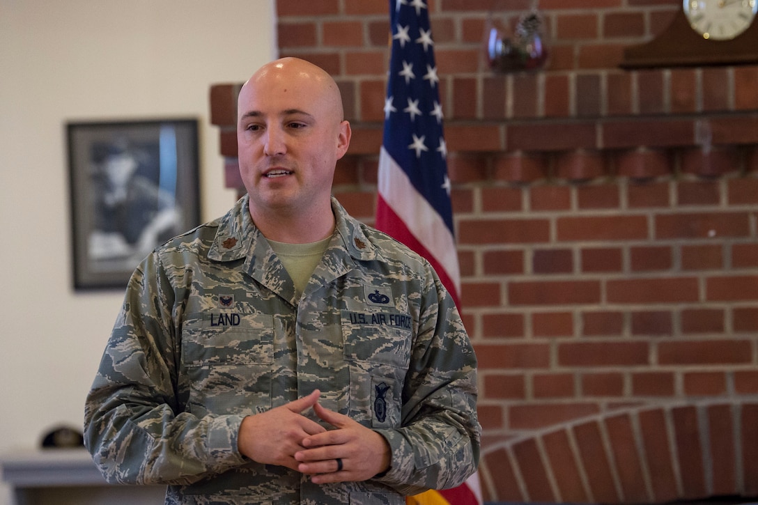 Maj. Daniel Land, 23d Security Forces Squadron (SFS) commander, speaks about the life and military service of military working dog ZIPPO during a retirement ceremony, Feb. 21, 2019, at Moody Air Force Base, Ga. ZIPPO was assigned to the 325th SFS at Tyndall Air Force Base, Fl. in Nov. 2011, as a patrol/explosive dog. During his eight years on active duty, he’s deployed to Saudi Arabia twice and supported four United States Secret Service missions where he provided security for the President and Vice President of the United States. (U.S. Air Force photo by Senior Airman Janiqua P. Robinson)