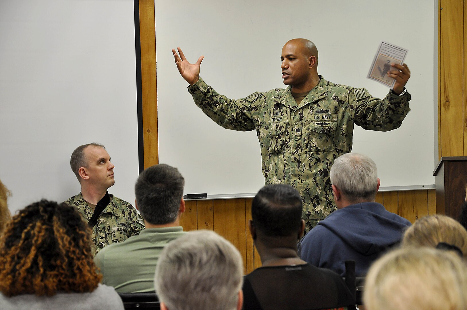 Cmdr. Robby Trotter, DDG 117 Precommissioning Unit commanding officer, speaks during the Supervisor of Shipbuilding Gulf Coast Equal Employment Opportunity Advisory Committee African American/Black History Month event on Feb. 20.