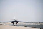 A U.S. Air Force B-1B Lancer, 9th Expeditionary Bomb Squadron, Air Force Central Command, takes off from Al Udeid Air Base, Qatar, during Joint Air Defense Exercise 19-01, Feb. 19, 2019. The aircraft participated with regional partners to test objective-based command and control actions during the exercise. (U.S. Air Force photo by Senior Airman Gracie I. Lee)