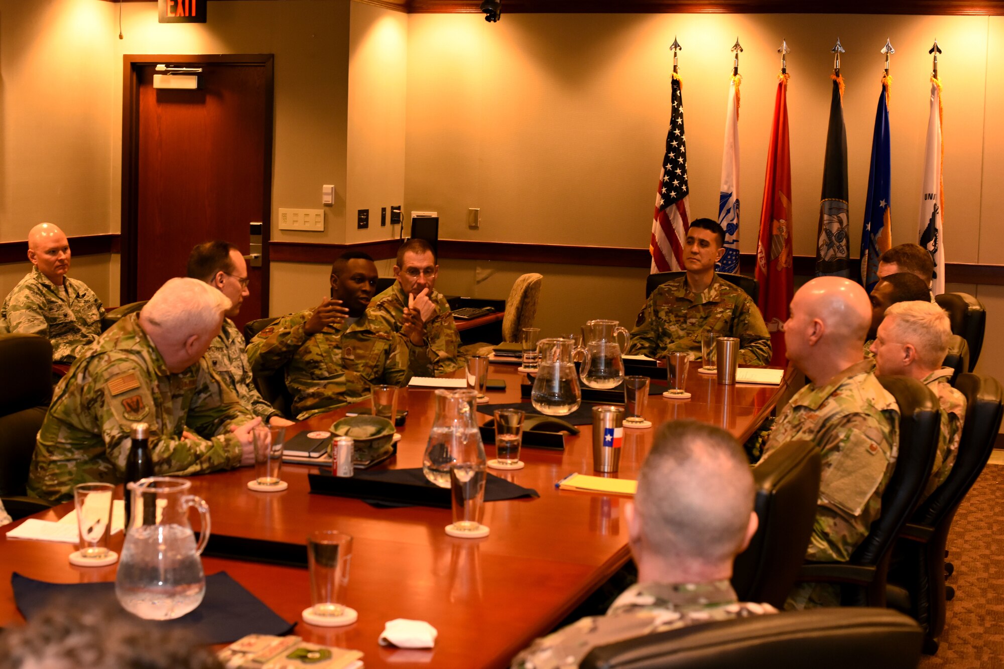 U.S. Air Force Chief Master Sgt. Lavor Kirkpatrick, 17th Training Wing command chief, speaks to Brig. Gen. Aaron Prupas, Air Combat Command director of intelligence, Col. Ricky Mills, 17th TRW commander, and other senior officers during the Learning Next open house at the Norma Brown building on Goodfellow Air Force Base, Texas, Feb. 7, 2019. Kirkpatrick spoke on the importance of developing more ready and lethal Airmen. (U.S. Air Force photo by Airman 1st Class Zachary Chapman/Released)