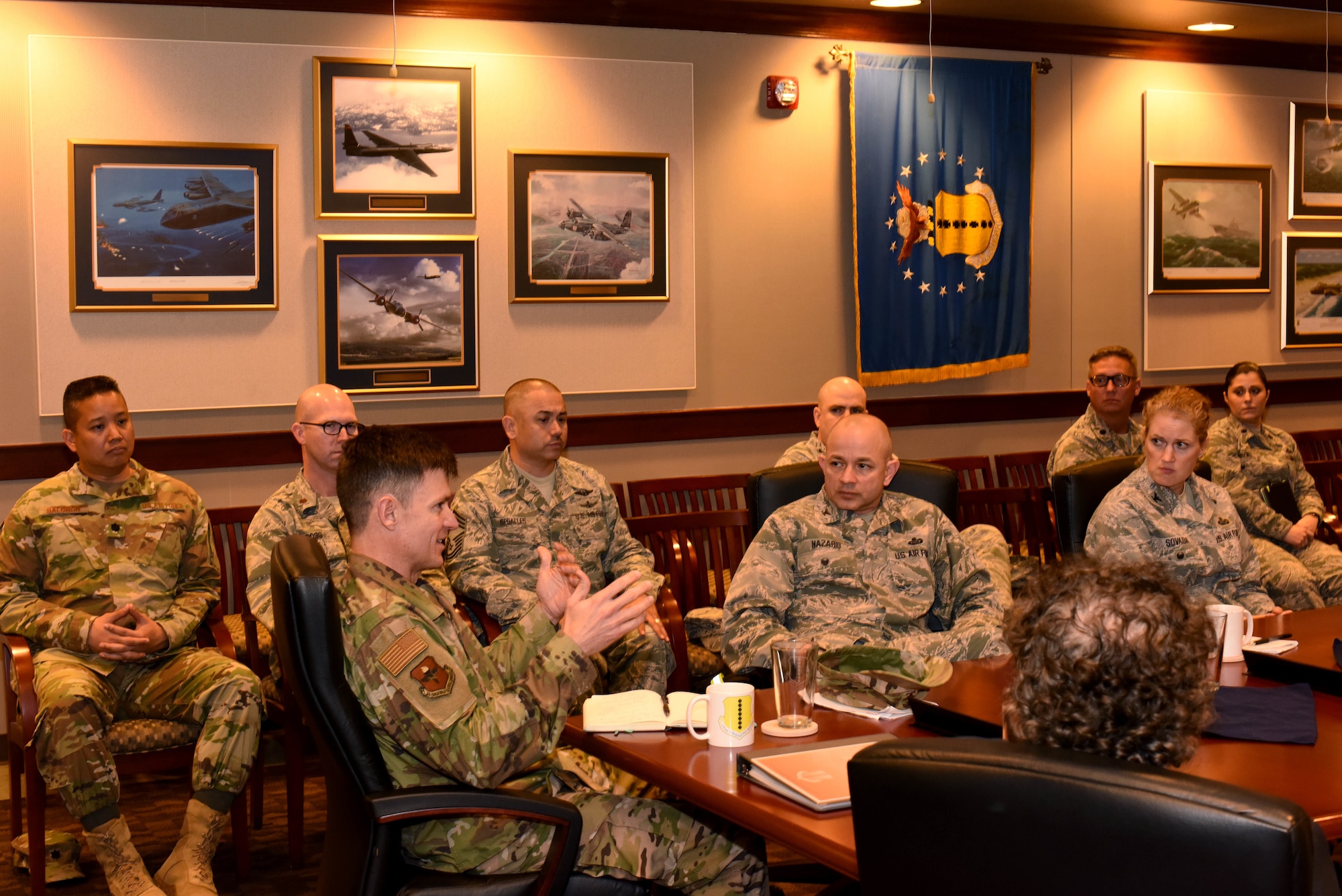 U.S. Air Force Col. Thomas Coakley, 17th Training Group commander, speaks to senior officers during the Learning Next open house at the Norma Brown building on Goodfellow Air Force Base, Texas, Feb. 7, 2019. Learning Next includes redesigned classroom spaces, integration of active learning elements and training cadre members to facilitate instruction through a modern approach to education. (U.S. Air Force photo by Airman 1st Class Zachary Chapman/Released)