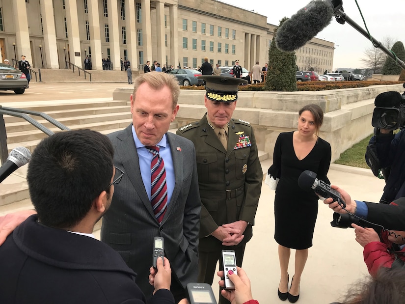 Defense secretary and Joint Chiefs chairman talk with reporters.