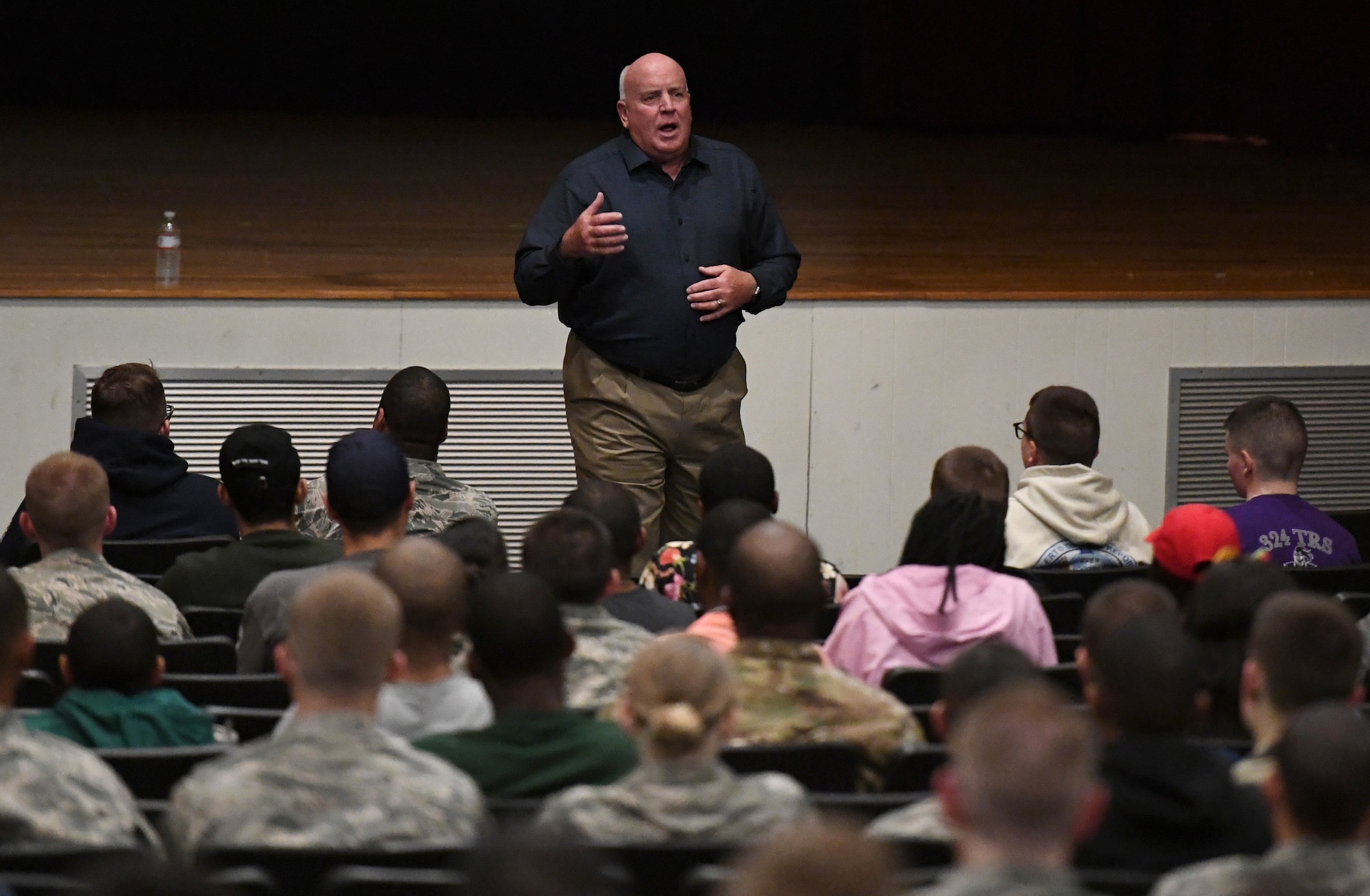 Barry Lyons, Biloxi Shuckers Minor League Baseball Team ambassador, delivers opening remarks prior to the playing the movie, 42, inside the Welch Theater at Keesler Air Force Base, Mississippi, Feb. 21, 2019. The movie, a story of Jackie Robinson's rise to fame in Major League Baseball, was shown in celebration for Black History Month. Lyons played 14 years of professional baseball to include seven years in the major leagues. Keesler hosted several events throughout the month to include a 5K run, luncheon, movies and will conclude with a close-out celebration Feb. 28. The events are meant to help Keesler personnel to remember, educate and celebrate black history. (U.S. Air Force photo by Kemberly Groue)