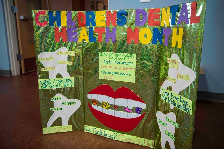 Information is displayed on a board during a Children’s Dental Health Month event at Cannon Air Force Base, N.M., Feb. 21, 2019. Members of the 27th Special Operations Aerospace Medicine Squadron have been holding briefings across Cannon to spread awareness of the health benefits of good oral hygiene can provide young ones over the month. (U.S. Air Force Photo by Airman 1st Class Vernon R. Walter III)