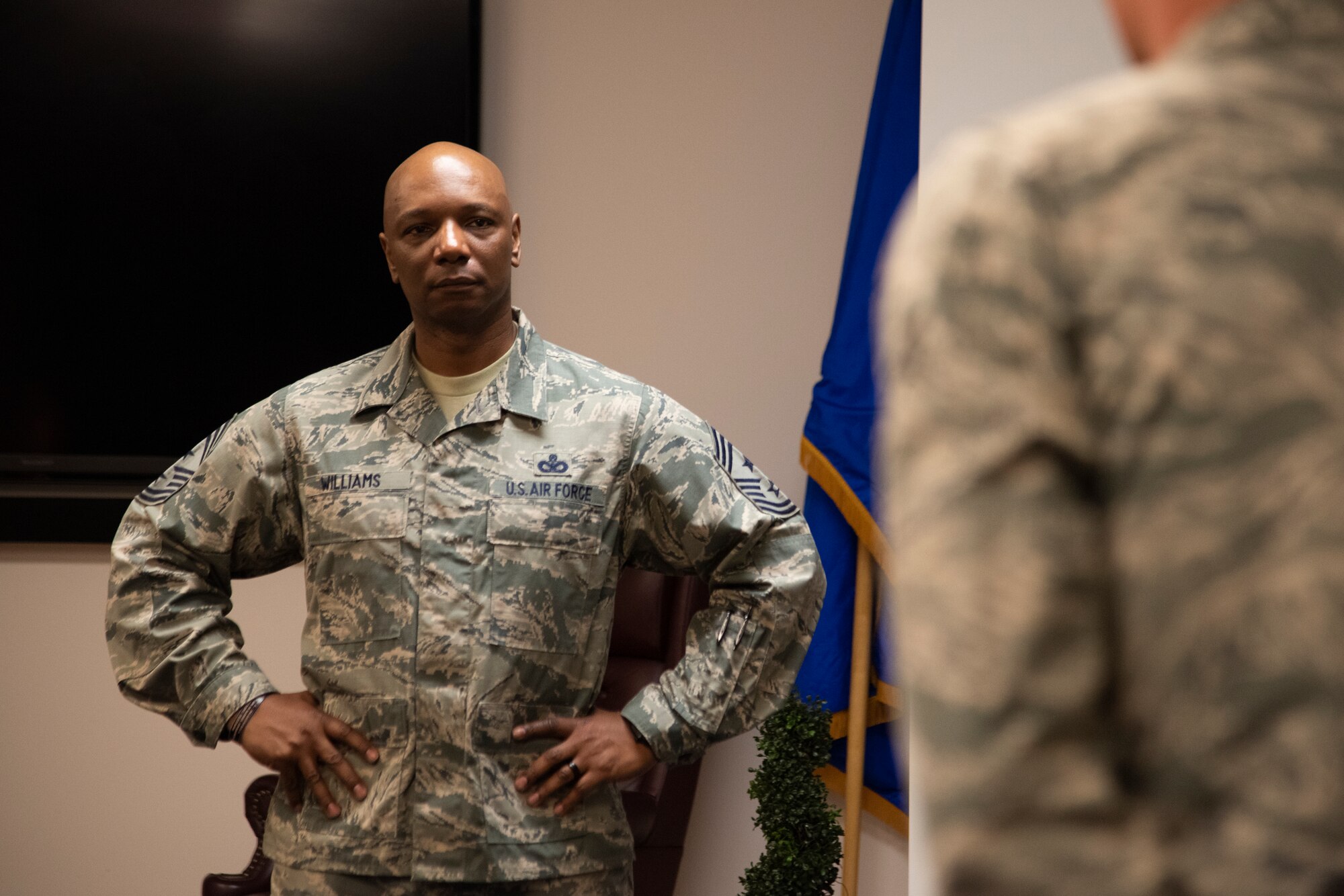 Airman Leadership School students listen to Chief Master Sgt. Craig Williams, 325th Fighter Wing command chief, at the Force Development Center at Tyndall Air Force Base, Fla., Feb. 15, 2019. This was the first ALS course to be hosted at Tyndall since Hurricane Michael devastated the base Oct. 10, 2019.