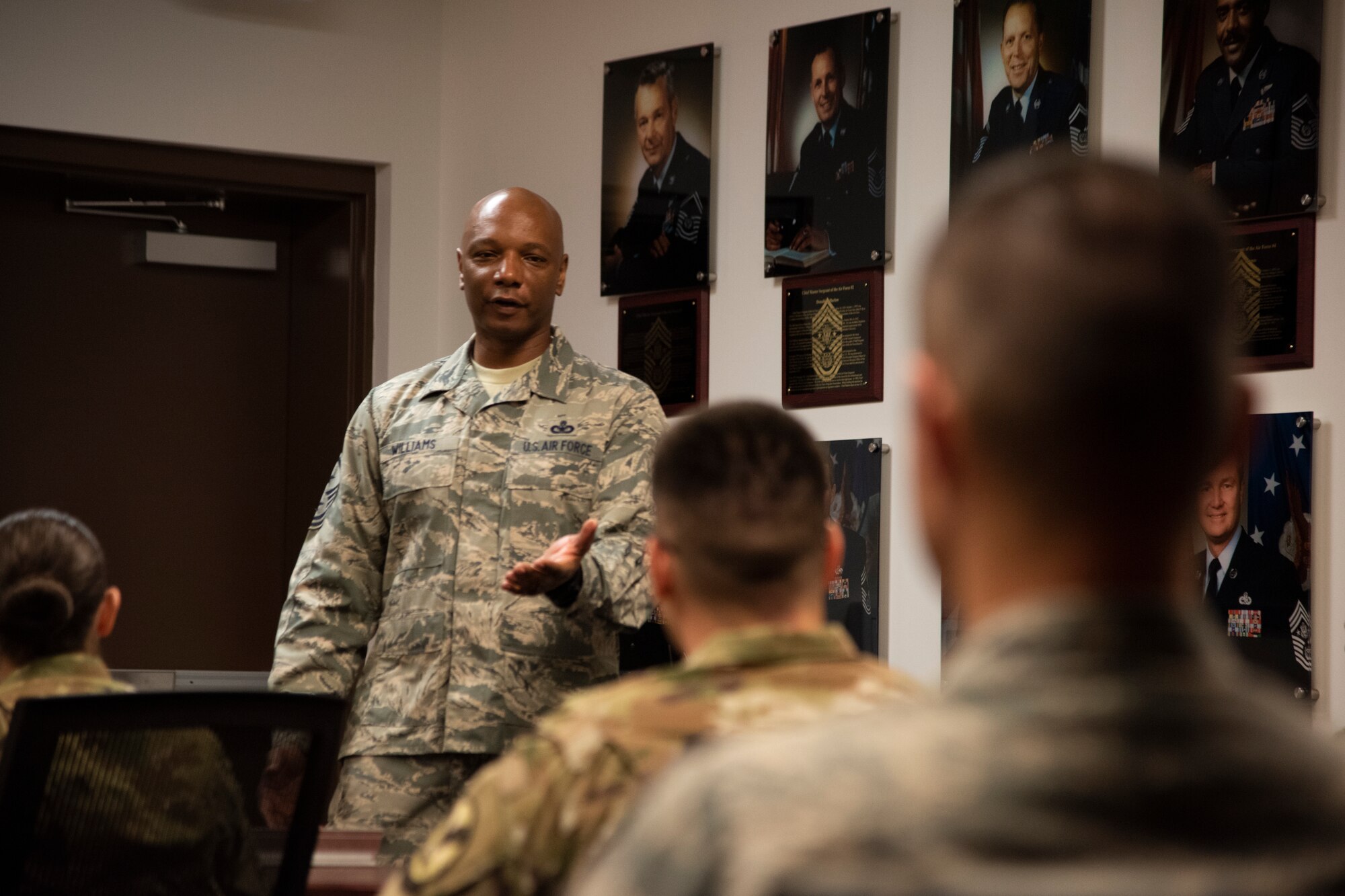 Airman Leadership School students listen to Chief Master Sgt. Craig Williams, 325th Fighter Wing command chief, at the Force Development Center at Tyndall Air Force Base, Fla., Feb. 15, 2019. This was the first ALS course to be hosted at Tyndall since Hurricane Michael devastated the base Oct. 10, 2019.