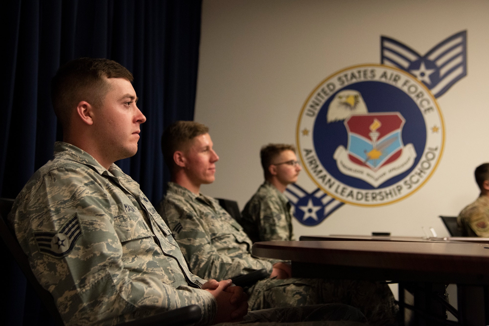 Airman Leadership School students listen to Chief Master Sgt. Craig Williams, 325th Fighter Wing command chief, at the Force Development Center at Tyndall Air Force Base, Fla., Feb. 15, 2019. This was the first ALS course to be hosted at Tyndall since Hurricane Michael devastated the base Oct. 10, 2019.