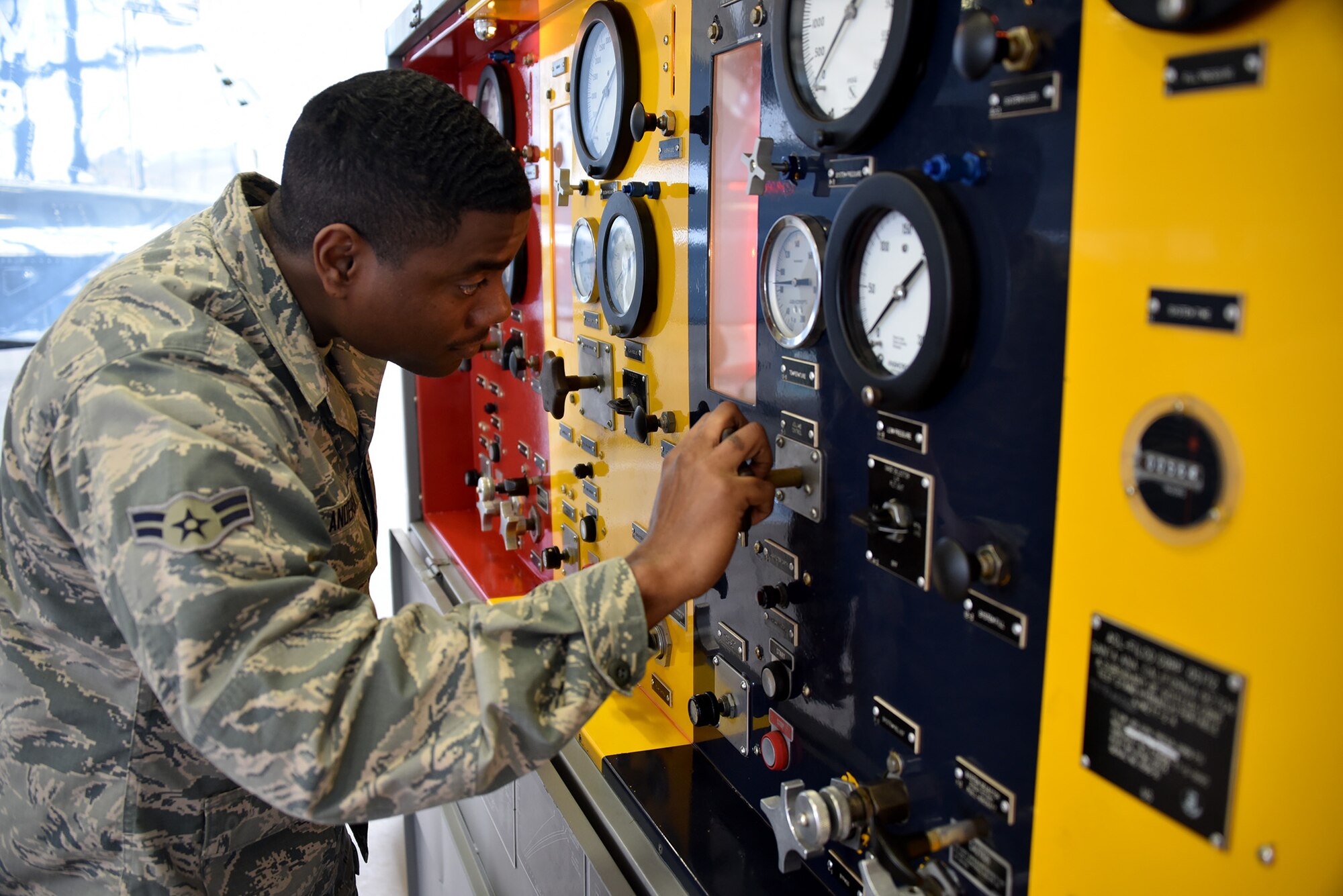 Airman 1st Class Ahmad Anderson, 364th Training Squadron hydraulic systems maintenance apprentice course student.