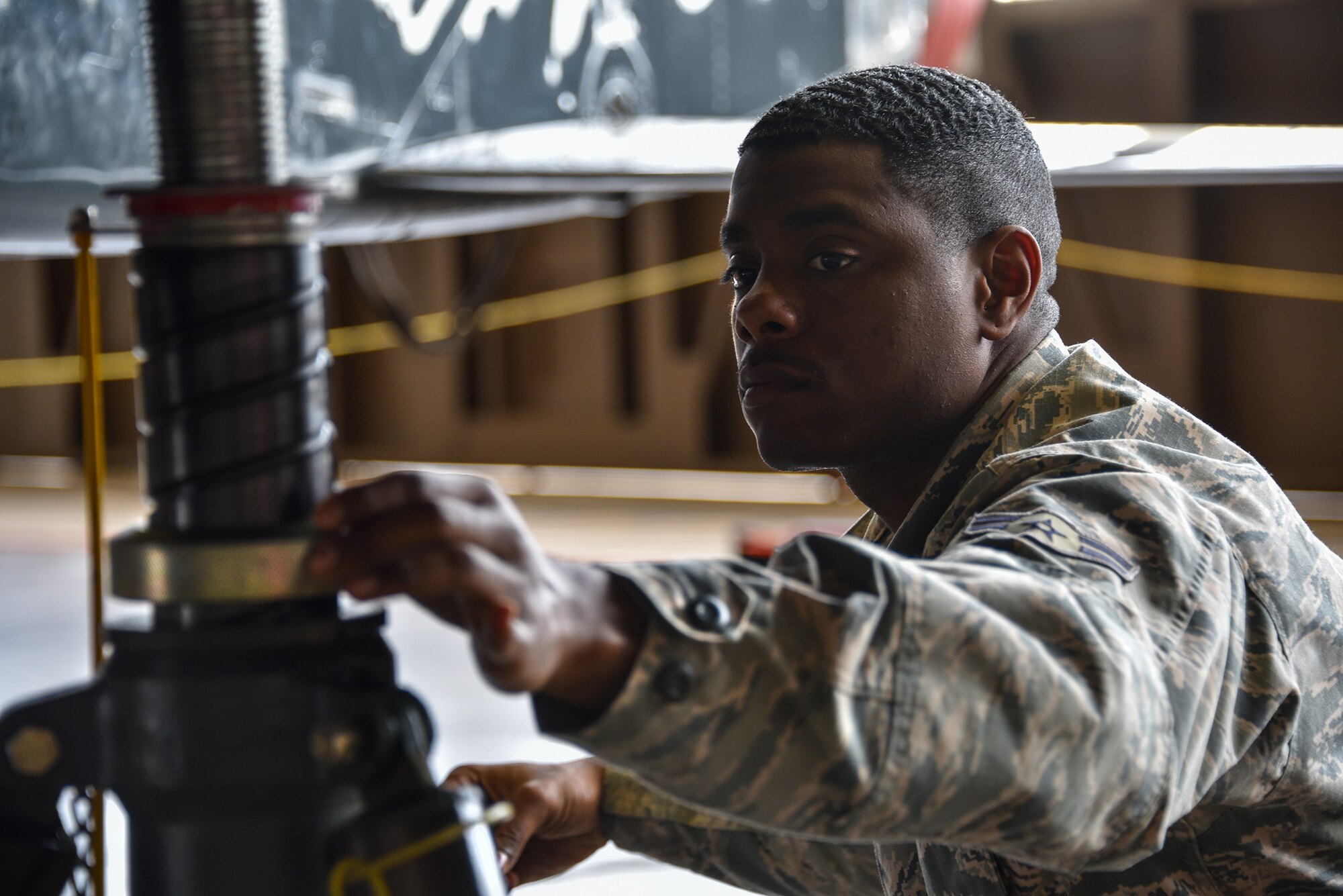 Airman 1st Class Ahmad Anderson, 364th Training Squadron hydraulic systems maintenance apprentice course student.