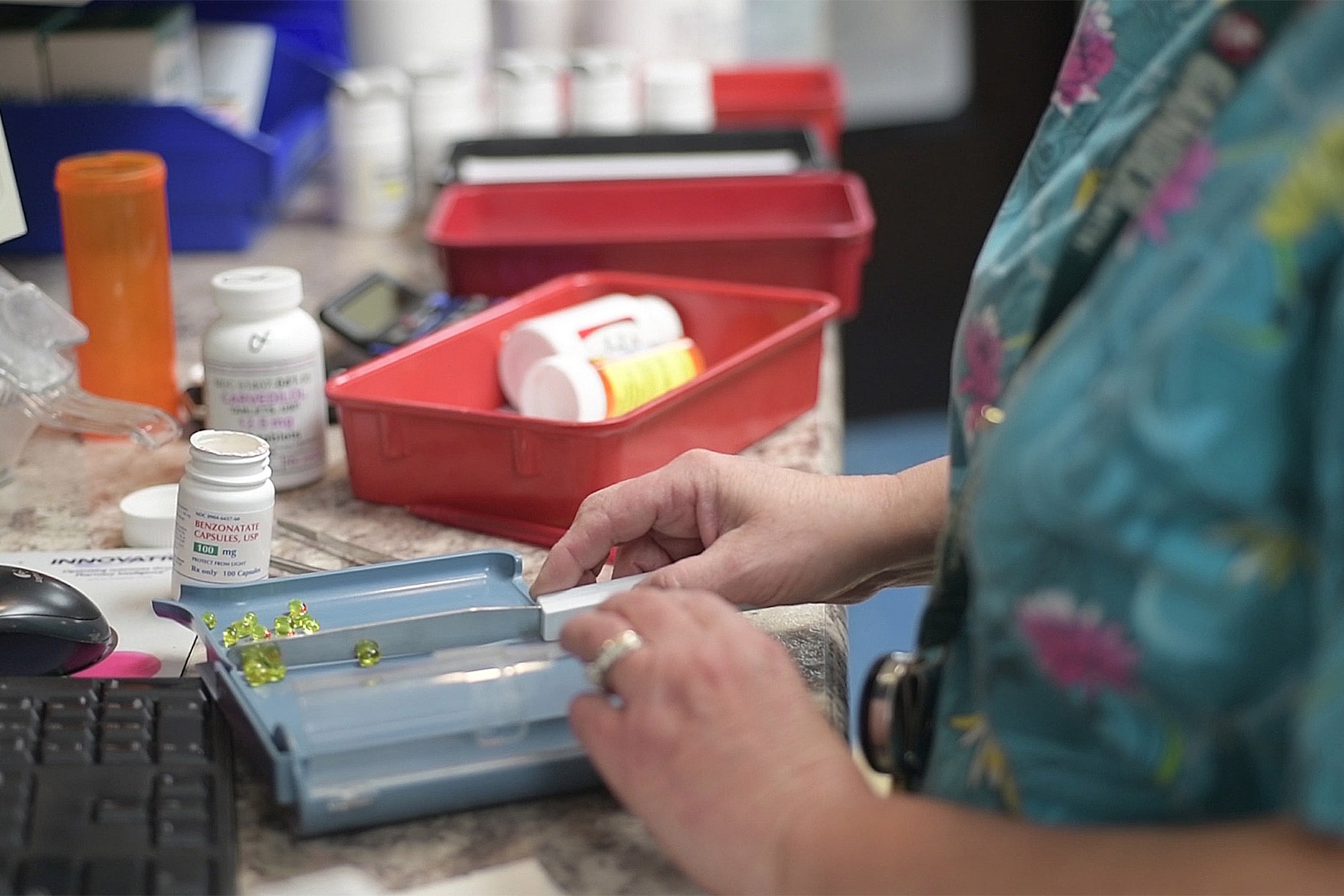 Sherry Morgan, 341st Medical Support Squadron pharmacy technician, counts medication Feb. 20, 2019, at Malmstrom Air Force Base, Mont.