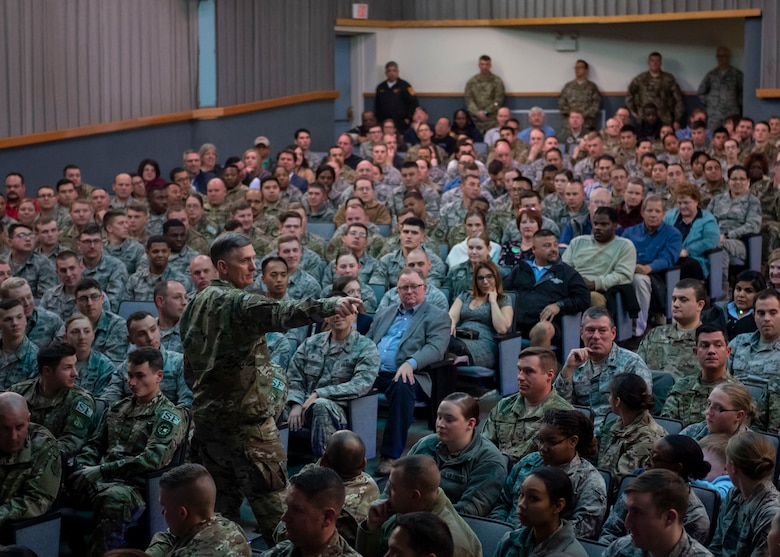 Air Force Global Strike Command commander Gen. Timothy Ray addresses Airmen during an all call at Kirtland Air Force Base, N.M., Feb. 20, 2019. The general made a two-day visit to the base and Kirtland’s 377th Air Base Wing, having meals with 377th ABW Airmen, receiving briefings and meeting with wing leadership and key spouses. (U.S. Air Force photo by Staff Sgt. J.D. Strong II)