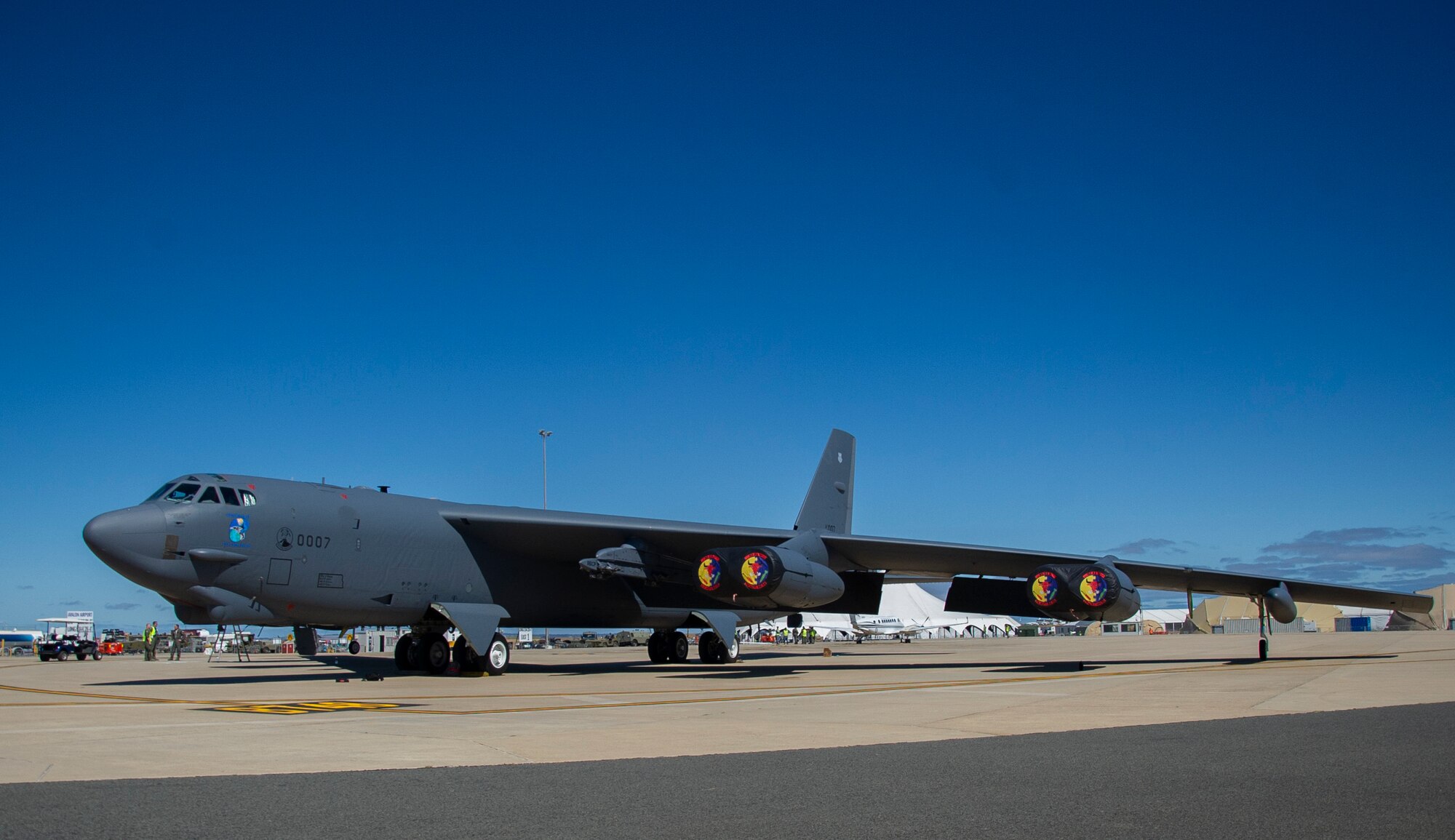 A U.S. Air Force B-52 Stratofortress bomber deployed to Andersen Air Force Base, Guam is parked at the Avalon Airport at Geelong, Victoria, Australia, Feb. 22, 2019.