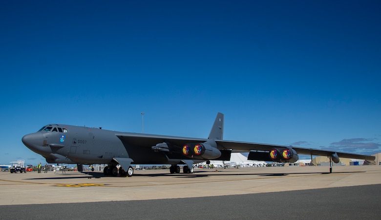 A U.S. Air Force B-52 Stratofortress bomber deployed to Andersen Air Force Base, Guam is parked at the Avalon Airport at Geelong, Victoria, Australia, Feb. 22, 2019.