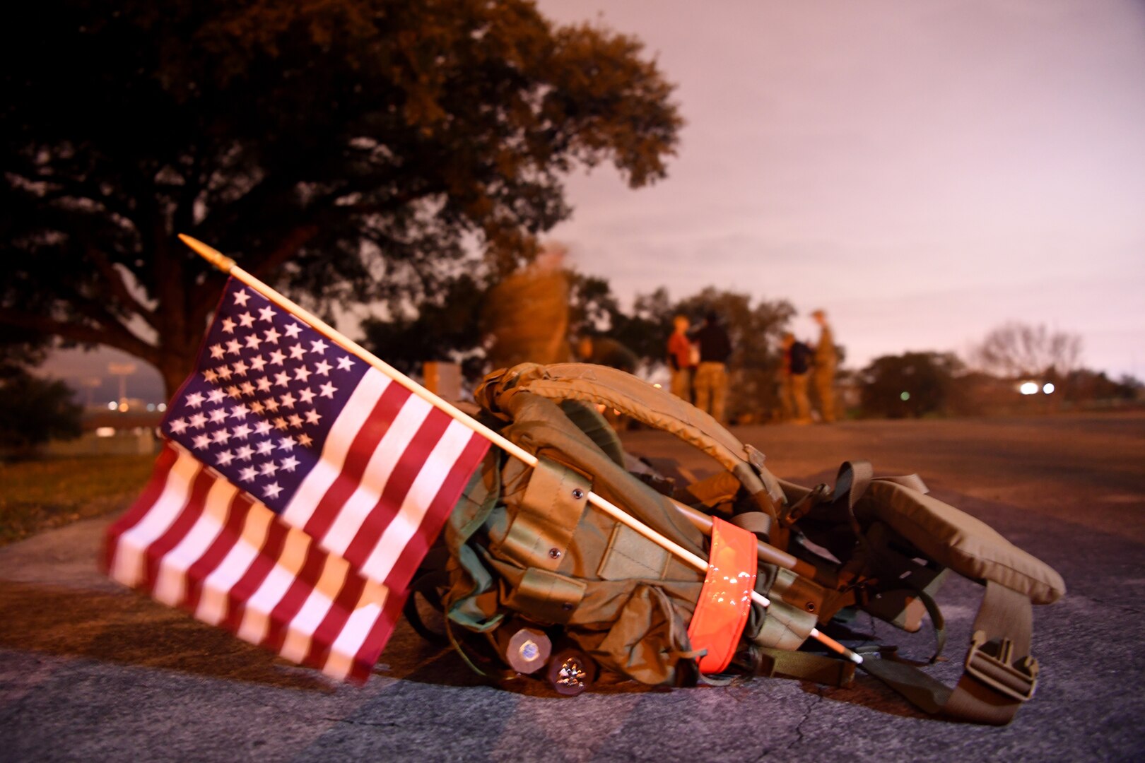 A 50-pound rucksack is staged in preparation of the Special Tactics Memorial March Feb. 22, 2019, at Lackland Air Force Base, Texas.