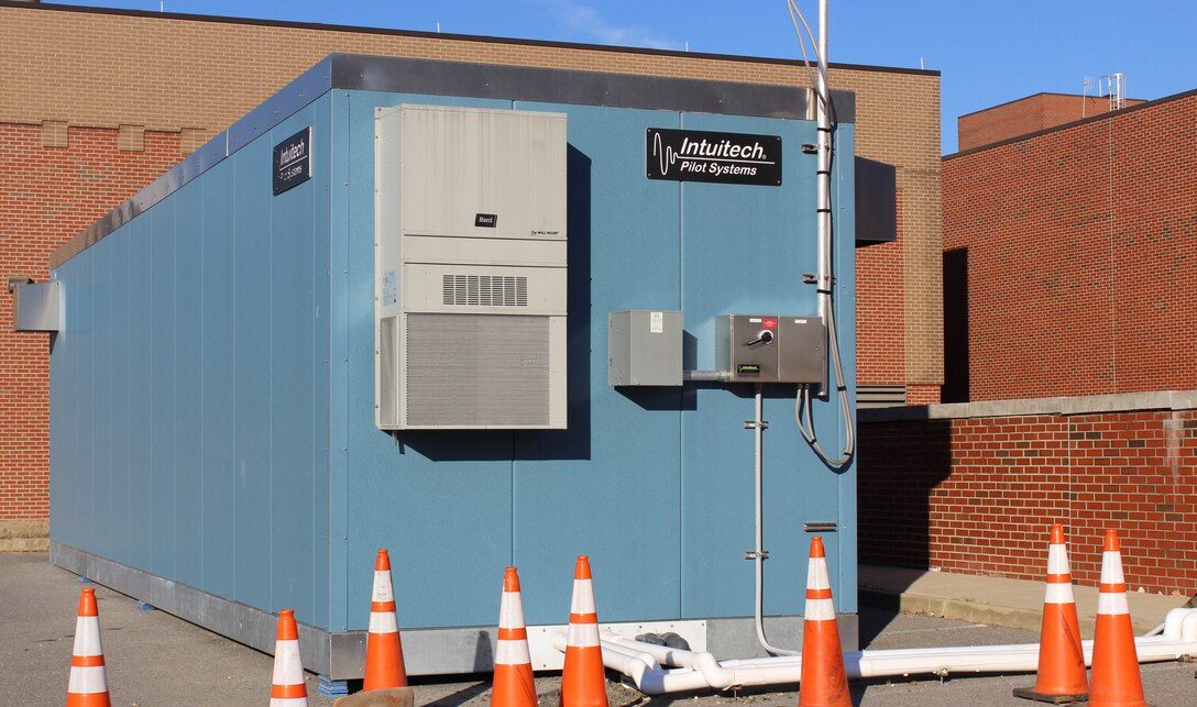 Exterior view of the Advanced Treatment Pilot Study blue trailer at the McMillan Water Treatment Plant, Washington Aqueduct, District of Columbia, Dec. 19, 2018. (U.S. Army photo by Sarah Lazo)