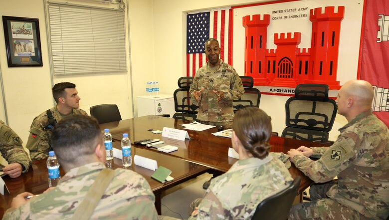 Col. Jason Kelly, USACE Afghanistan District Commander briefs the Soldiers of the 264th Engineer Clearance Company on the many missions and national efforts USACE is involved in.