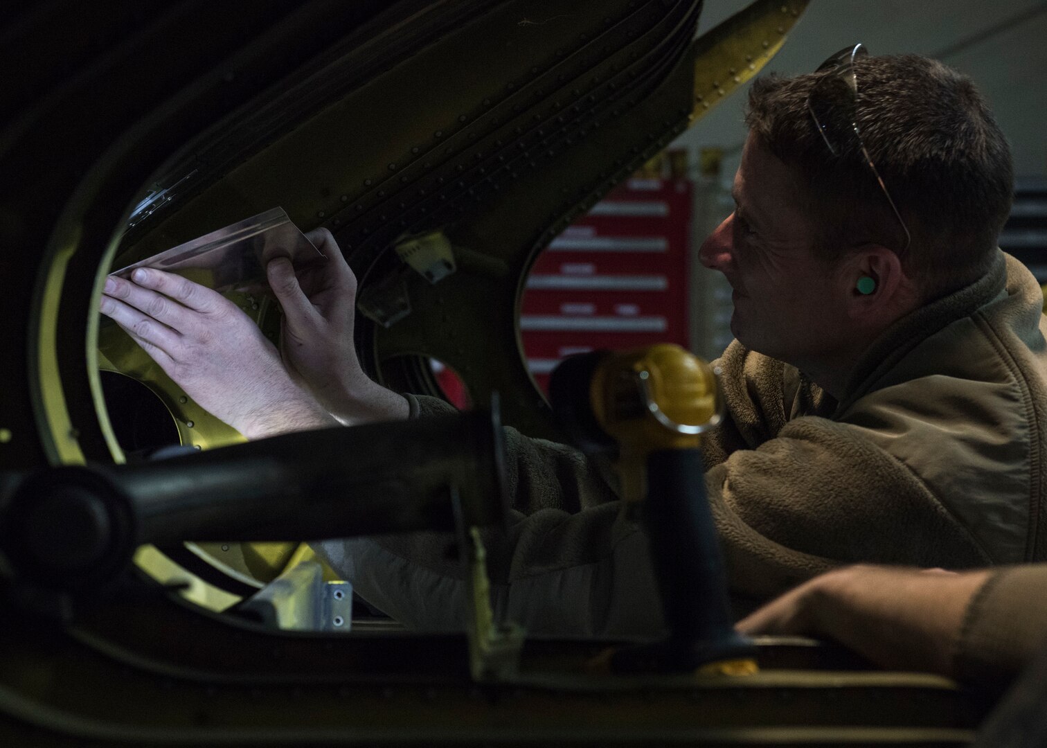 Master Sgt. Andrew Liederbach, 386th Expeditionary Maintenance Squadron combat metals flight chief, checks the fitment of one of the pieces they fabricated for a repair at an undisclosed location in Southwest Asia, Feb. 5, 2019. During the repair of the leading edge of a C-130 wing, the combat metals flight fabricated more the 30 different parts from scratch.
