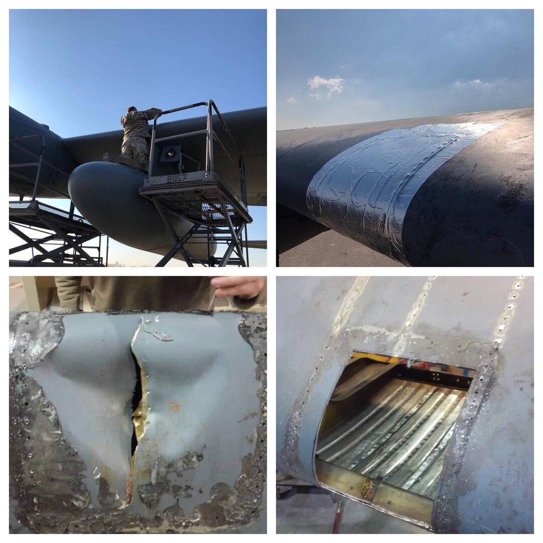The 386th Expeditionary Maintenance Squadron combat metals flight took photos of the initial patchwork on a C-130 that was involved in a bird strike at an undisclosed location in Southwest Asia, early Feb. 2019. The combat metals flight worked a total of 144 hours on this project, and cut the ground time of the aircraft by roughly three weeks.