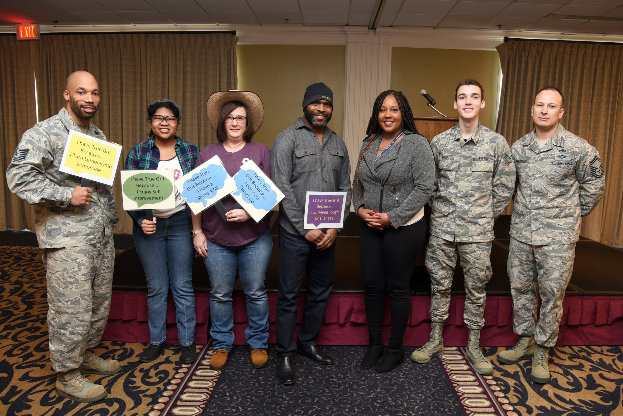 Presenters in the 72nd Air Base Wing Spark Tank competition were, from left, Tech. Sgt. Jonathan Taylor, Angela Harris, Karen Blackwell, Alvin Chandler, Chontaye Walter, Airman 1st Class Christian Thrasher and Senior Master Sgt. Francisco Zamorano. (U.S. Air Force photo/Kelly White)