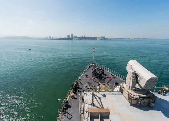 190223-N-WI365-1123 KOTA KINABALU, Malaysia (Feb. 23, 2019) – The amphibious dock landing ship USS Ashland (LSD 48) is anchored out off the coast of Kota Kinabalu, Malaysia. Ashland, part of the Wasp Amphibious Ready Group, with embarked 31st Marine Expeditionary Unit, is operating in the Indo-Pacific region to enhance interoperability with partners and serve as a ready-response force for any type of contingency. (U.S. Navy photo by Mass Communication Specialist 2nd Class Markus Castaneda)