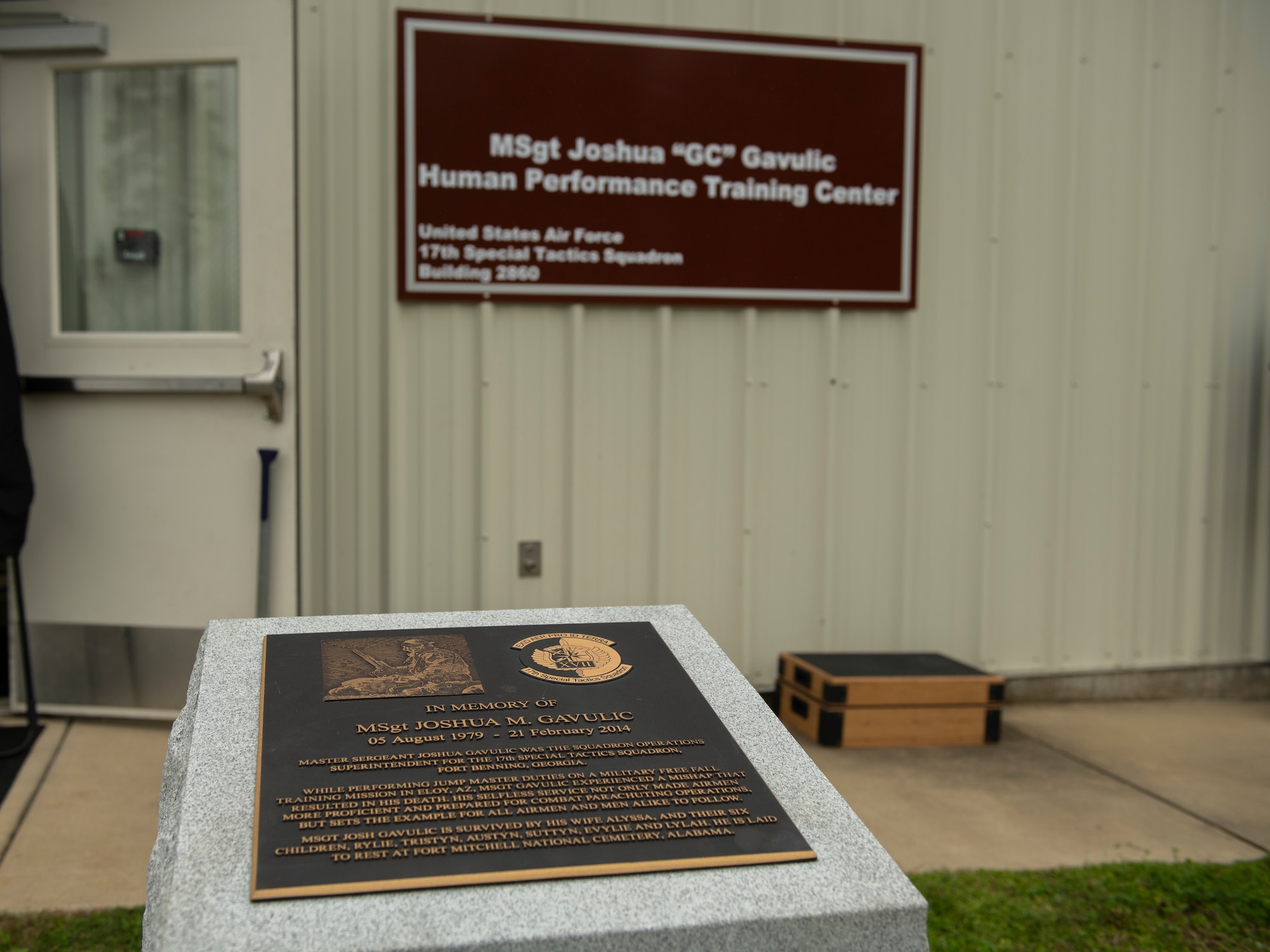 More than 60 friends, teammates and family gathered at the newly renamed Master Sgt. Joshua M. Gavulic Human Performance Center at Fort Benning, Ga., Feb. 23, 2019.