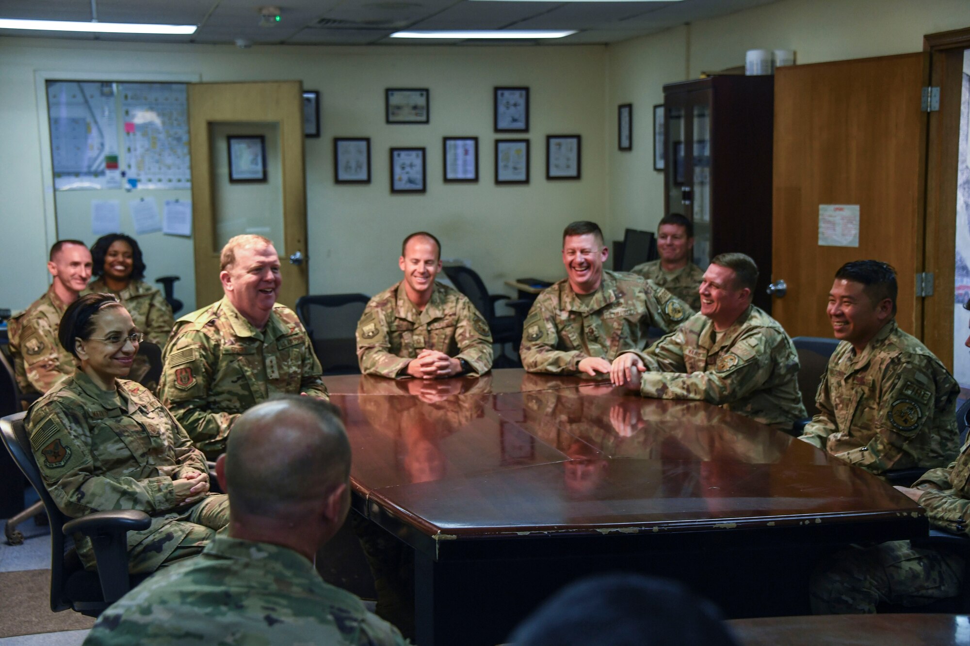 U.S. Air Force Lt. Gen. Richard Scobee, commander of Air Force Reserve Command, speaks to 380th Expeditionary Civil Engineer Squadron Fire Fighters during his visit to Al Dhafra Air Base, United Arab Emirates, Feb. 13, 2019.