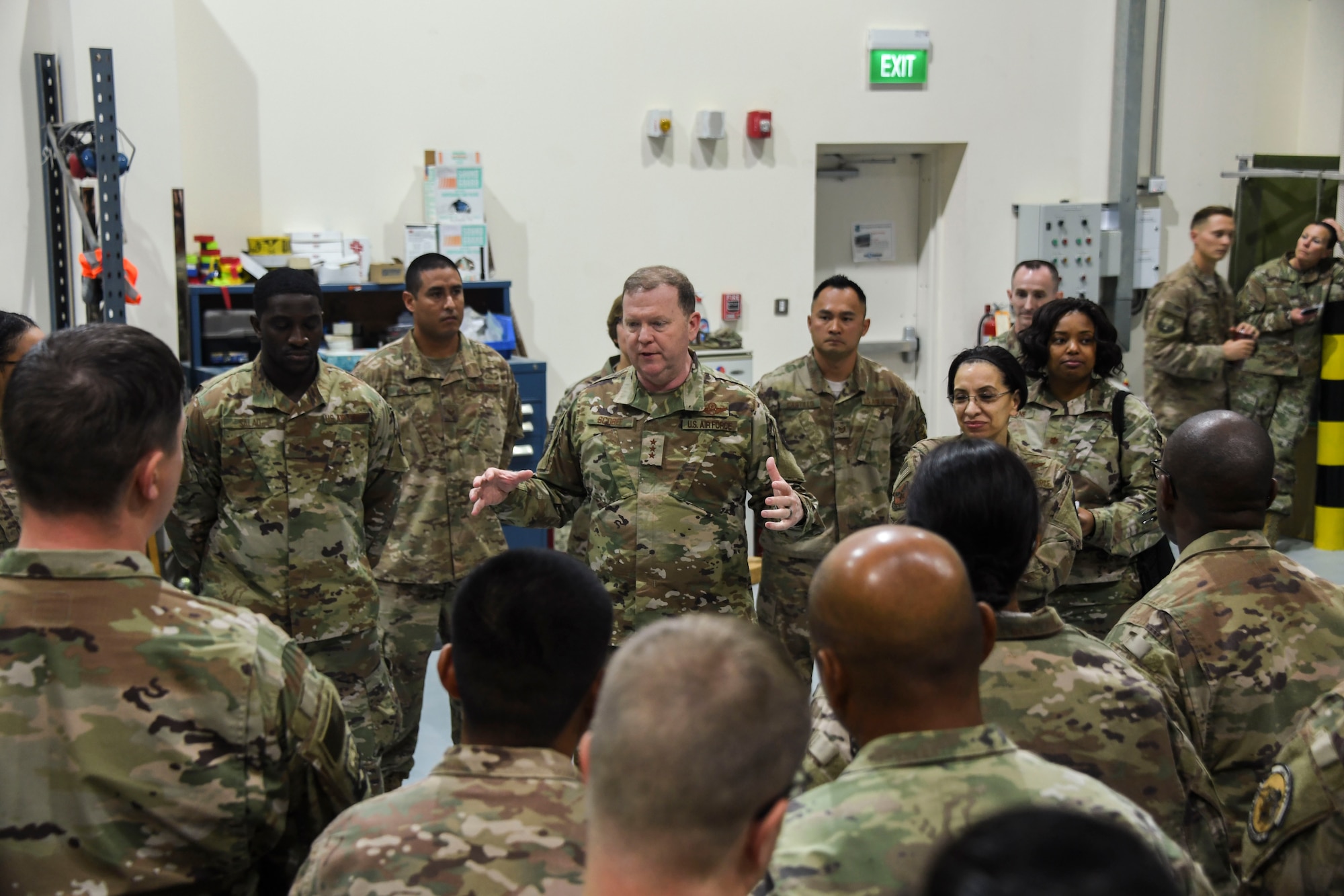 U.S. Air Force Lt. Gen. Richard Scobee, commander U.S. Air Force Lt. Gen. Richard Scobee, commander of Air Force Reserve Command, speaks to 380th Expeditionary Civil Engineer Squadron Airmen during his visit to Al Dhafra Air Base, United Arab Emirates, Feb. 13, 2019.