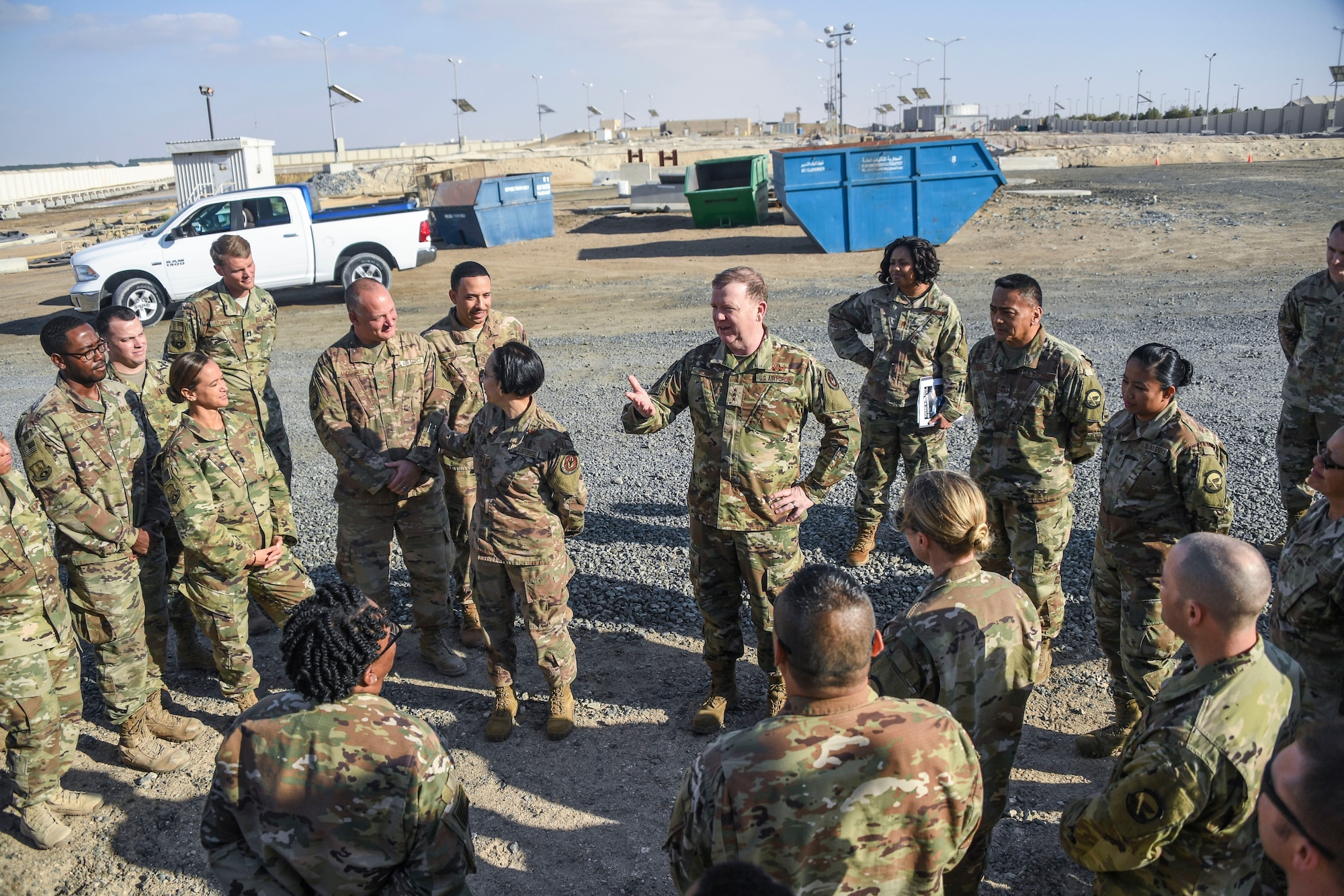 U.S. Air Force Lt. Gen. Richard Scobee, commander of Air Force Reserve Command, speaks to 380th Expeditionary Logistics Readiness Squadron Airmen during his visit to Al Dhafra Air Base, United Arab Emirates, Feb. 13, 2019.