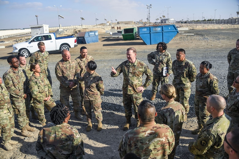 U.S. Air Force Lt. Gen. Richard Scobee, commander of Air Force Reserve Command, speaks to 380th Expeditionary Logistics Readiness Squadron Airmen during his visit to Al Dhafra Air Base, United Arab Emirates, Feb. 13, 2019.