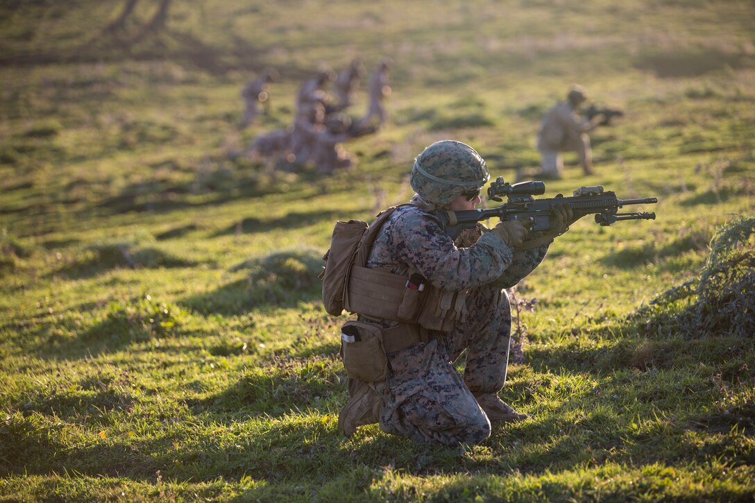 A U.S. Marine with Special Purpose Marine Air-Ground Task Force-Crisis Response-Africa 19.1, Marine Forces Europe and Africa, lays down suppressive fire while Spanish marines assault forward during a training event in Sierra De Retin, Spain, Feb. 14, 2019. SPMAGTF-CR-AF is a rotational force deployed to conduct crisis-response and theater-security operations in Europe and Africa. (U.S. Marine Corps photo by Sgt. Katelyn Hunter)