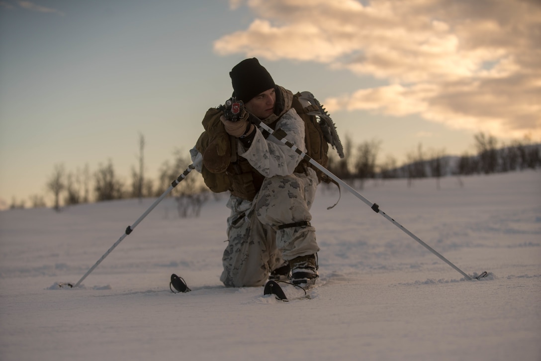 A U.S. Marine with Marine Rotational Force-Europe 19.1, Marine Forces Europe and Africa, attacks a simulated target during Exercise White Claymore in Blåtind, Norway, Feb. 17, 2019. The training enabled the Marines to improve their over-the-snow movement and combat skills in the harsh arctic climate of northern Norway. (U.S. Marine Corps photo by Lance Cpl. Menelik Collins)