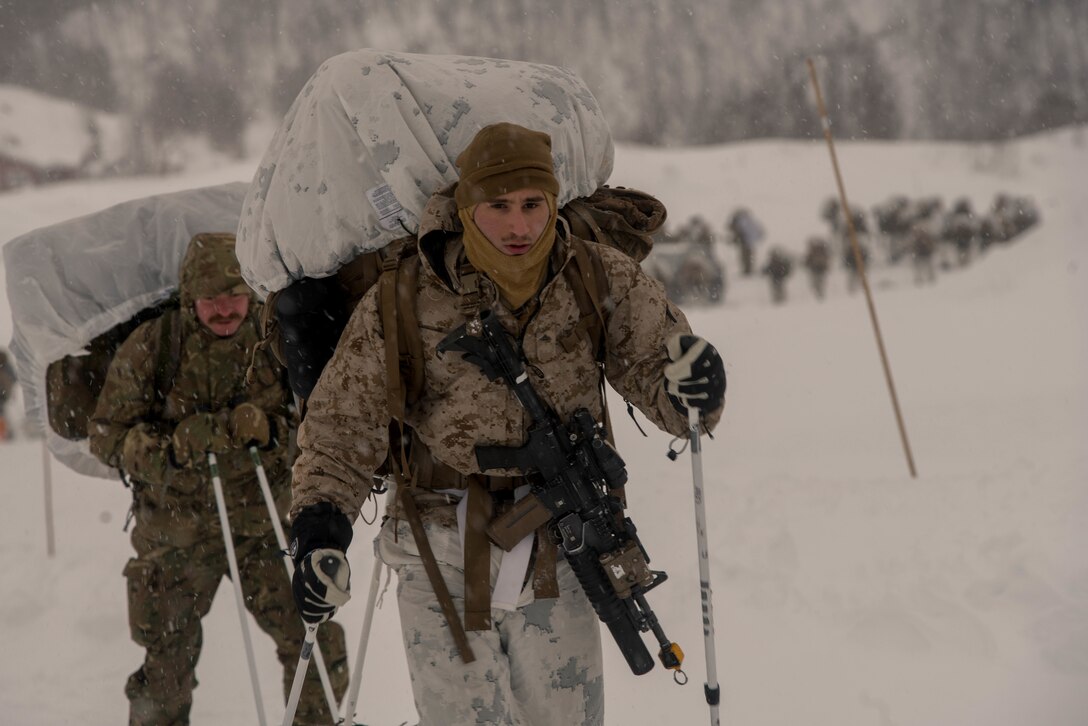 U.S. Marines with Marine Rotational Force-Europe 19.1, Marine Forces Europe and Africa, and British Royal Marines hike on skis during Exercise White Claymore in Blåtind, Norway, Feb. 14, 2019.