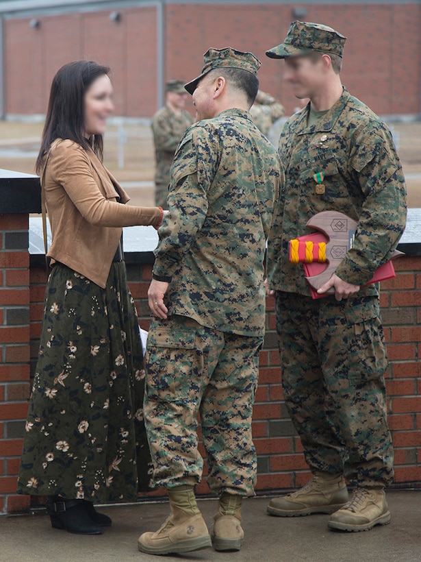 U.S. Marine Corps Forces, Special Operations Command’s commander, Maj. Gen. Daniel D. Yoo, greets an awardee and a family member after MARSOC’s 13th Anniversary Ceremony, at Marine Corps Base Camp Lejeune, N.C., February 21, 2019. The anniversary event included a battle colors rededication ceremony to recognize some of the collective achievements by the service component. The commander, Maj. Gen. Daniel D. Yoo also recognized Marines and Sailors for their exemplary performance. (U.S. Marine Corps photo by Cpl. Bryann K. Whitley)