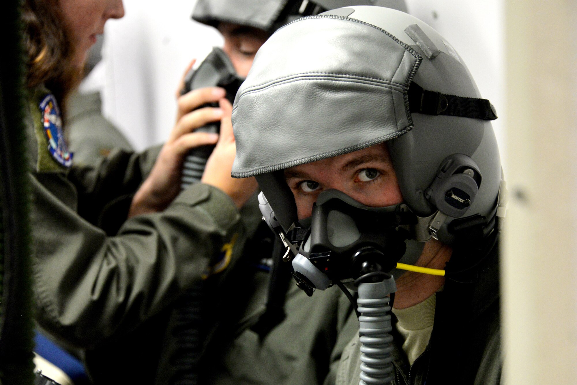 2nd Lt. Luke Piper, a Pilot Training Next 2.0 student, waits to be instructed during a hypobaric chamber flight at Sheppard Air Force Base, Texas, Jan. 28, 2019. Focus areas in the second iteration of PTN include innovation, scaling learning rapidly and collecting, analyzing and using big-data to help drive decision-making. (U.S. Air Force photo by Airman 1st Class Madeleine E. Remillard)